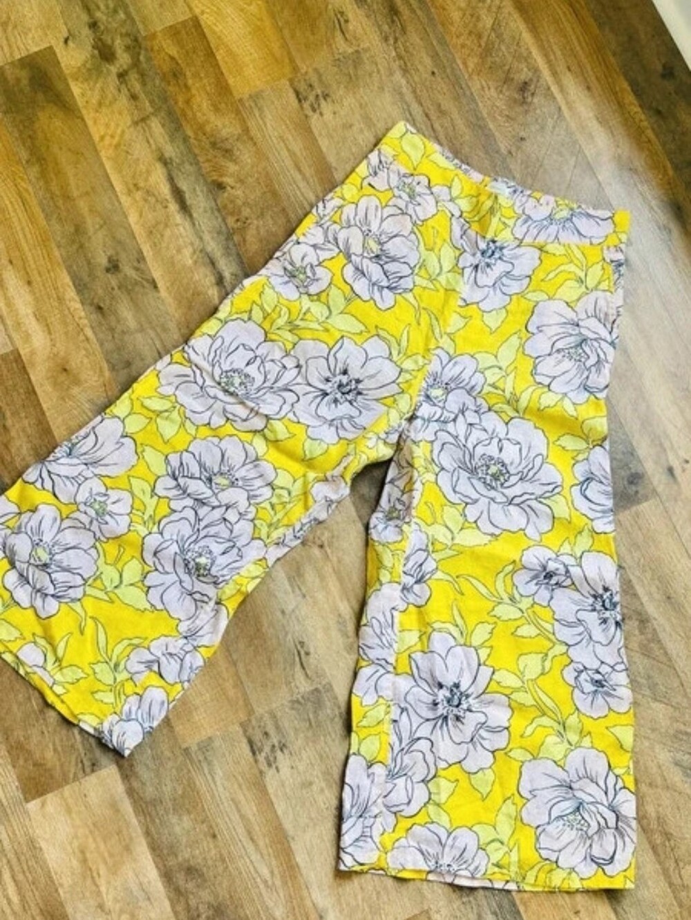 C&C California 100% Linen Wide Leg Pants M Yellow Floral Boho Coastal